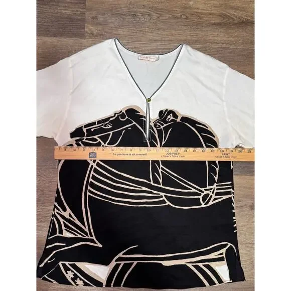 Tory Burch Shirt Women's Size 6 Black White Horse Trocadero Blouse - Picture 4 of 11